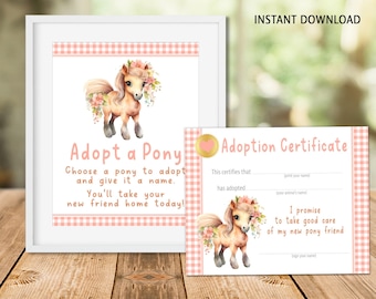 Pony Adoption Station Sign and Certificate: Farm Birthday (Digital Download)