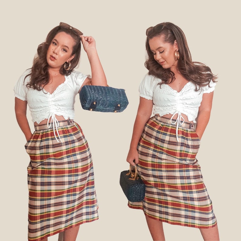 1970\u2019s Vintage Fall Plaid Straight Pencil Skirt Cotton Red Yellow Blue Autumn Midi Skirt With Pockets