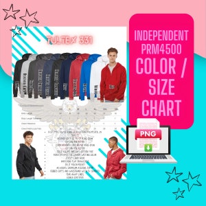 May include: A size chart for a red, white, navy, heather grey, charcoal, heather denim, heather graphite, and black zippered hoodie. The chart shows the measurements for each size, from XS to 3XL. The text "TULTEX 331" and "INDEPENDENT PRM4500" is visible at the top of the chart.