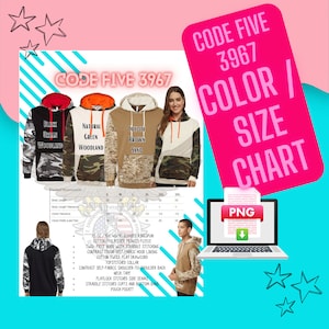 Op de afbeelding: Een kleuren- en maattabel voor een hoodie met camouflageprint. De tabel toont de verschillende kleuren en maten die beschikbaar zijn voor de hoodie. De hoodie is gemaakt van een 60/40 gekamde ringgesponnen katoen/polyester mix. Hij heeft een tweedelige capuchon met een contrasterende zelfstof voering. De hoodie heeft ook een platte trekkoord, een gestikte kraag, een contrasterende zelfstof schouder-tot-schouder rug nekband, platte stiksels aan de zijkanten, gekruiste stiksels aan de manchetten en de zoom, en een kangoeroezak.