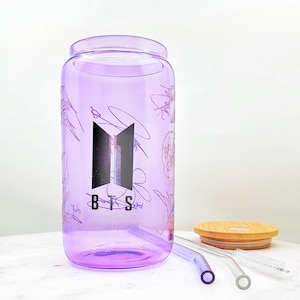 BTS | Bangtan Sonyeondan Signatures Glass Tumbler Bamboo Lid Glass Straw | Kpop Beer Can | Iced Coffee 16 oz cup | Cute K-pop Merch Gift