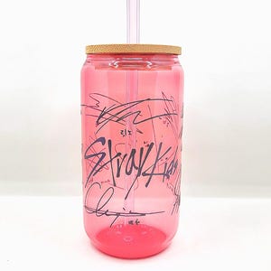 Stray Kids | SKZ Signatures Glass Tumbler Bamboo Lid Glass Straw | Kpop Beer Can | Iced Coffee 16 oz cup | Cute K-pop Merch Gift