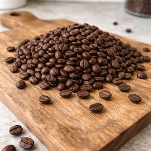 Könnte beinhalten: Gebratene Kaffeebohnen auf einem Holzschneidebrett. Die dunkelbraunen Bohnen sind auf dem Brett und in einem kleinen Haufen verstreut. Das Holzbrett hat eine natürliche Holzmaserung.