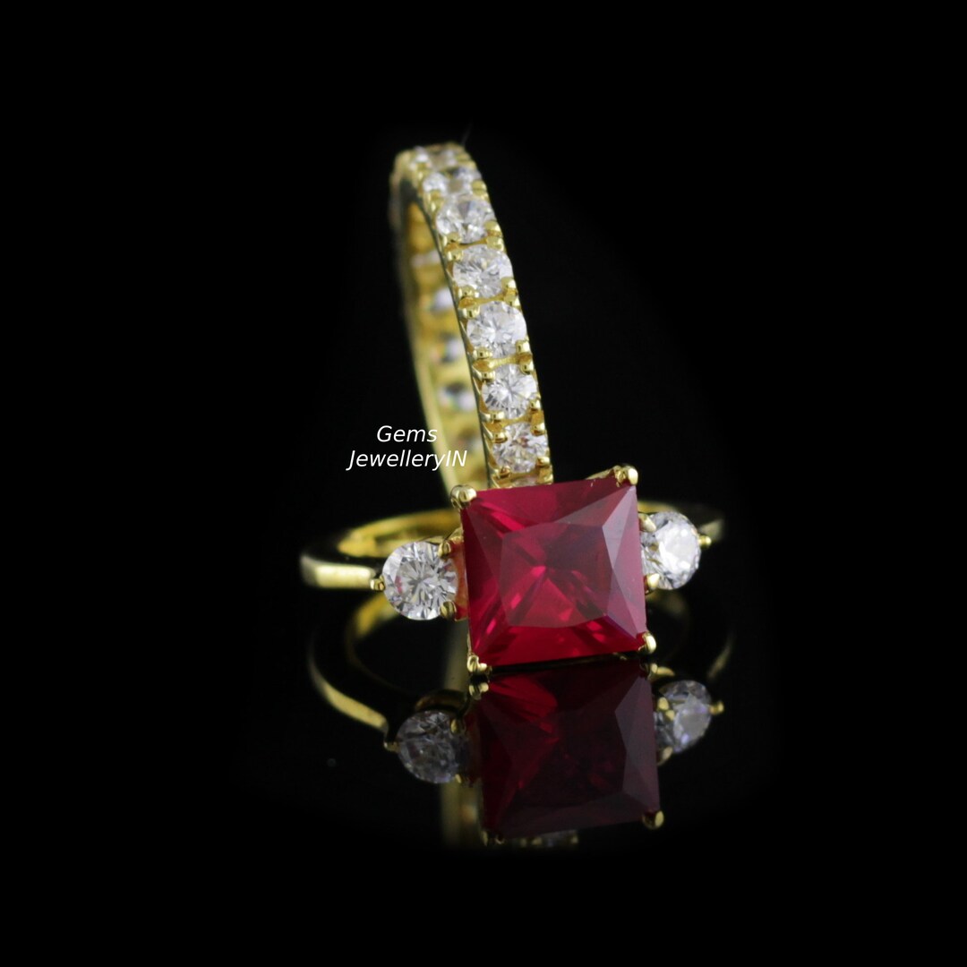 Ruby Princess and Lab Diamond Ring Set, Engagement Wedding Ring Set ...