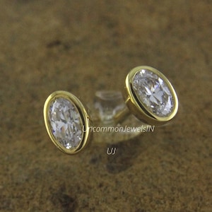 Handcrafted Bezel-Set Oval Diamond Studs, Diamond Wedding Earrings, Screw Back/Push Back Earrings, Bezel-Set Diamonds in Minimalist Studs