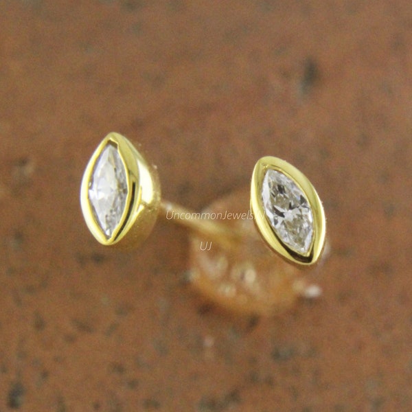 Bezel set Marquise Diamond Stud Earrings, 0.20ct TCW Marquise Diamond Wedding Earrings, Screwback/Pushback Earrings, Diamond Studs for Women
