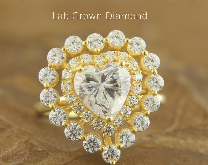 Featured listing image: Heart Cut Lab Diamond Ring: Solid Gold Art Deco Double Halo