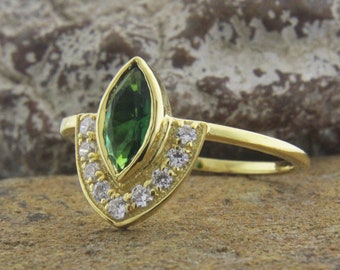 Marquise Emerald Wedding Ring, Bezel set Marquise Emerald Ring, Engagement Anniversary Ring, special moments gift, surprise unique gift