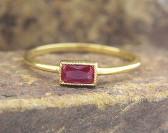 Minimalist July Birthstone Ring, 14k Gold Baguette Lab Ruby Ring: Minimalist Bezel Setting