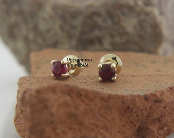 Ruby Stud Earrings, Screw Back Earrings, Ruby Baby Jewelry, 14k Yellow Gold Ruby Baby Studs, Tiny Studs, UncommonJewelsIN, Labour Day Sale