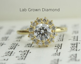 Runder Halo-Diamant-Verlobungsring, 1ct-5ct IGI-zertifizierter Diamant, 10k 14k 18k Gold, floraler Ehering, bequemer Jubiläumsring, Kiki