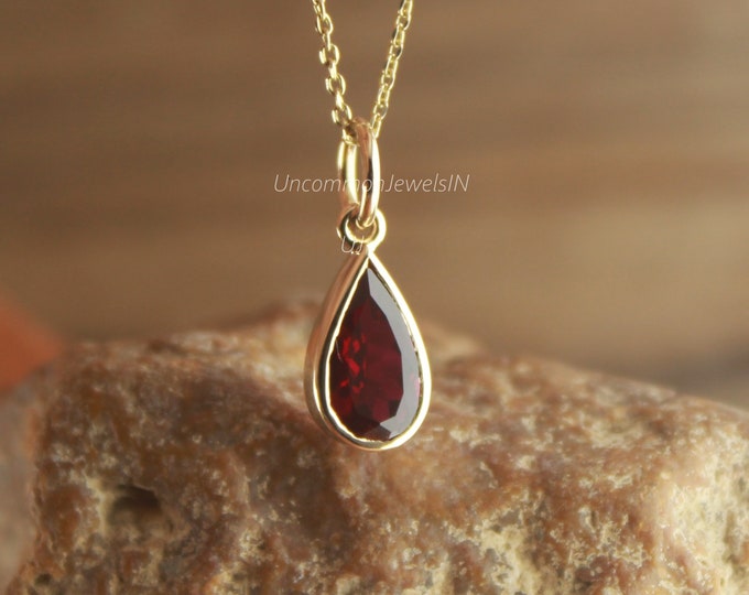 Featured listing image: Pear Ruby Pendant, 14k Gold Ruby Charm, Bezel Set Ruby Necklace, Tear Drop Minimalist Labour Day Sale, Birthday gift, Valentien Gift for her