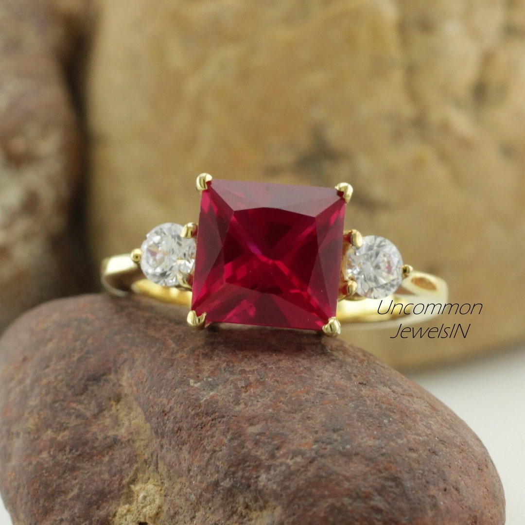 Princess Cut Ruby Diamond Engagement Ring in 14K Gold | Vintage July ...