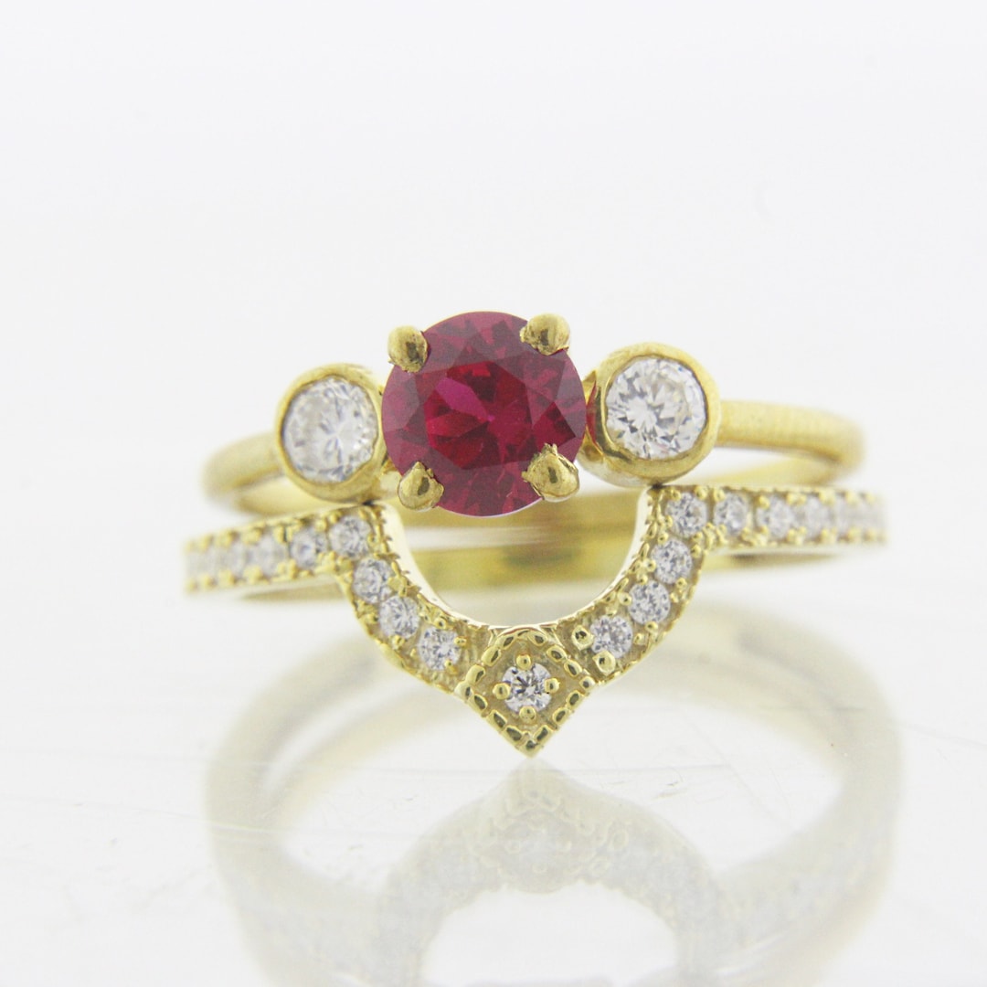 Ruby Moissanite Bridal Ring Set With Tiara Guard in Recycled Gold ...