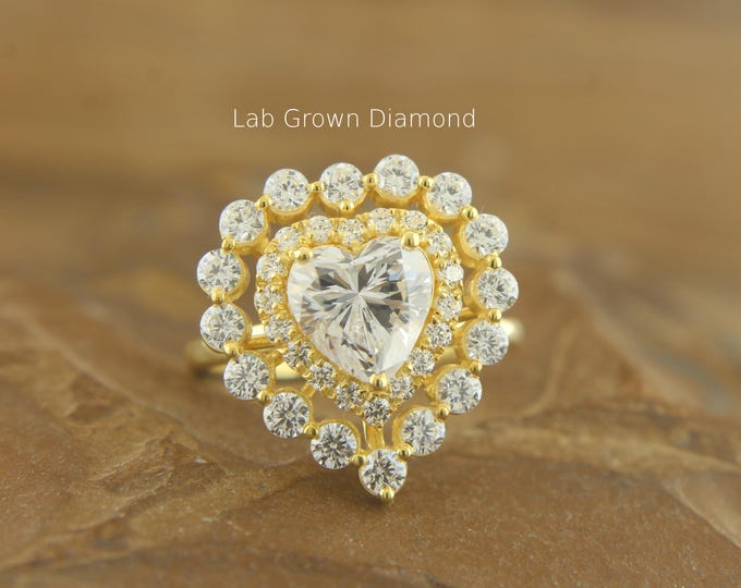 Featured listing image: Heart Cut Lab Diamond Double Halo Ring – Solid Gold Vintage Art Deco Ring – Round Prong & Micropavé Anniversary, Engagement, Wedding Gift