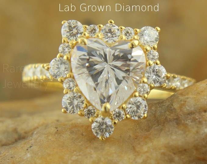 Featured listing image: Handmade Floral Style halo Heart Cut Lab Diamond Ring Diamond Studded Shank in Solid Gold Elegant Bridal Wedding Anniversary ring for women