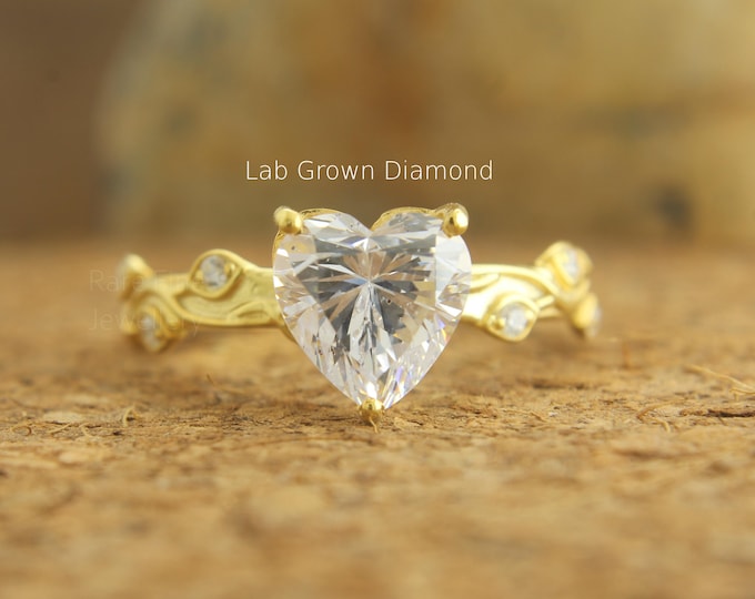 Featured listing image: Handmade Nature-Inspired Heart Cut Lab Diamond Ring – Leaf Style Studded Shank in Solid Gold – Elegant Bridal Engagement Anniversary Gift
