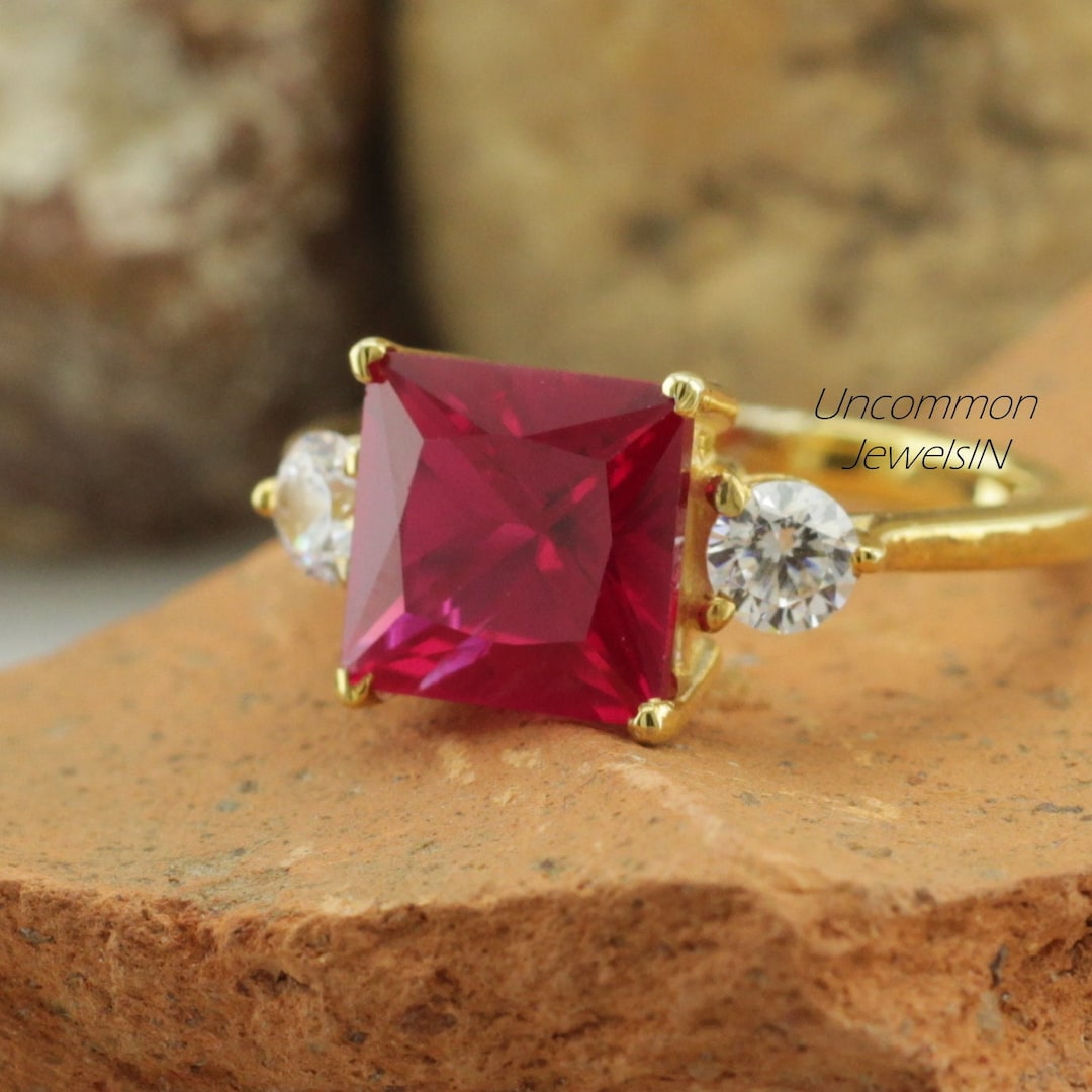 Princess Cut Ruby Diamond Engagement Ring in 14K Gold | Vintage Three ...