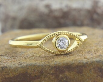 Evil Eye Protection Ring, Bezel set Diamond Evil Eye, Rings for Women, Natural Diamond Ring, Handmade Diamond ring, Minimalist Ring Gift