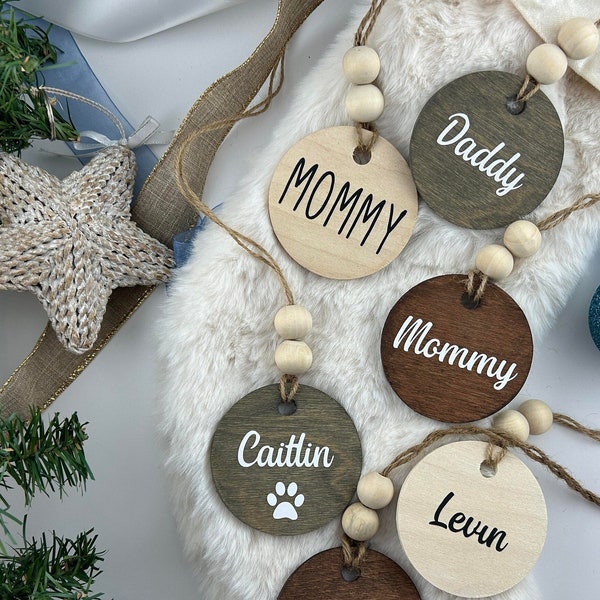 Round Stocking Tags Personalized, Boho Beaded Stocking Name Tags, Custom Stocking Tags, Wood Christmas Tag, Gift Tag, Christmas Stocking Tag