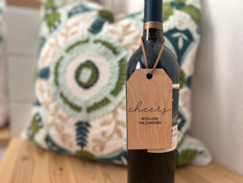 Wood Wine Gift Tags, Bridal Shower Gifts, Engraved Gift Tag, Housewarming Gift, Realtor Gifts, Wedding Wine, Christmas Wine, Cheers Tag Wine image 1