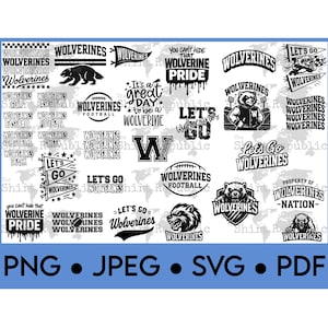 K&ouml;nnte beinhalten: Eine Sammlung von schwarz-wei&szlig;en Grafiken zum Thema Wolverine, darunter Text und Illustrationen eines Wolverines, eines Fu&szlig;balls und des Buchstabens "W". Das Bild enth&auml;lt auch Dateitypoptionen: PNG, JPEG, SVG und PDF.