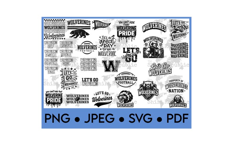 K&ouml;nnte beinhalten: Eine Sammlung von schwarz-wei&szlig;en Grafiken zum Thema Wolverine, darunter Text und Illustrationen eines Wolverines, eines Fu&szlig;balls und des Buchstabens "W". Das Bild enth&auml;lt auch Dateitypoptionen: PNG, JPEG, SVG und PDF.