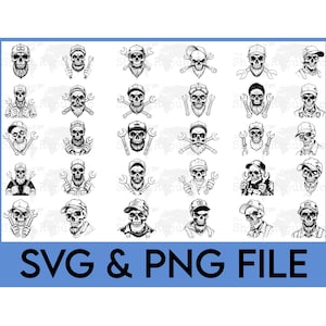 May include: A set of 36 black and white skull illustrations. Each skull is wearing a cap and holding wrenches. The text "SVG & PNG FILE" is at the bottom of the image.