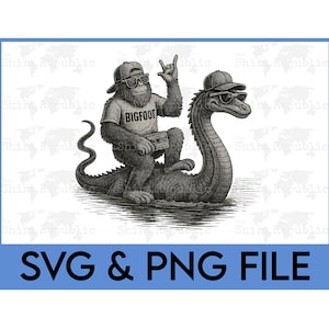 May include: Black and white illustration of Bigfoot riding the Loch Ness Monster. Bigfoot wears a t-shirt that says "BIGFOOT", sunglasses, and a hat. The Loch Ness Monster also wears sunglasses and a hat. The image includes the text "SVG & PNG FILE".