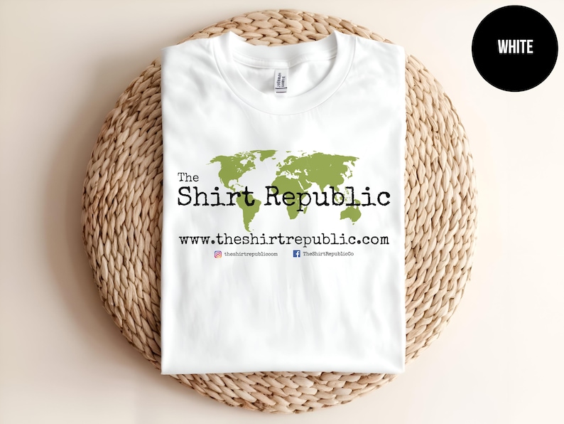 May include: White t-shirt with a green world map graphic and the text "The Shirt Republic" and "www.theshirtrepublic.com".