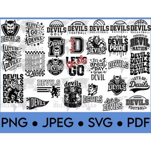 May include: A collection of black and white "Devils" themed graphics, including logos for various sports like golf, football, and baseball. The image also includes the text "Let's Go Devils" and file type options: PNG, JPEG, SVG, and PDF.