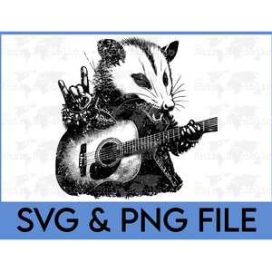 May include: Black and white illustration of a possum playing a guitar with a rock and roll hand gesture. The possum is wearing a leather jacket and has a distressed look. The text "SVG & PNG FILE" is at the bottom of the image.