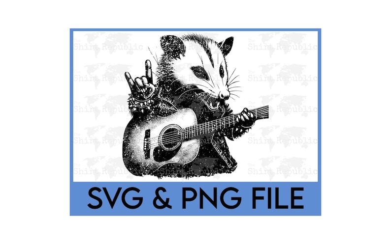 May include: Black and white illustration of a possum playing a guitar with a rock and roll hand gesture. The possum is wearing a leather jacket and has a distressed look. The text "SVG & PNG FILE" is at the bottom of the image.