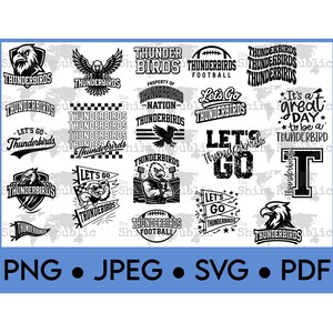 Puede incluir: Una colección de gráficos en blanco y negro con temática de Thunderbird, que incluyen ilustraciones de águilas, diseños de texto e imágenes de fútbol. La imagen también incluye opciones de tipo de archivo: PNG, JPEG, SVG y PDF.
