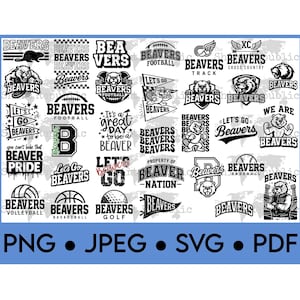 May include: A collection of black and white Beaver-themed logos and graphics. Designs include text such as "Beavers", "Football", "Track", and "Let's Go Beavers". File formats include PNG, JPEG, SVG, and PDF.