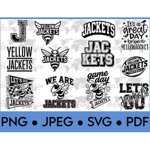 Puede incluir: Una colección de diseños gráficos en blanco y negro con las palabras "Yellow Jackets" en varias fuentes y estilos, junto con imágenes de una abeja. La imagen también incluye el texto "PNG • JPEG • SVG • PDF".