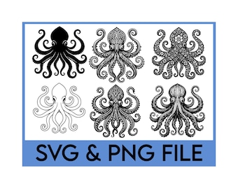 Pulpo SVG, Calamar PNG, Clipart de Pulpo, Diseño de Animal Marino, Vida Marina, Criatura Oceánica, Estilo de Tatuaje, Tema de Playa, Descarga Digital de Vida Marina