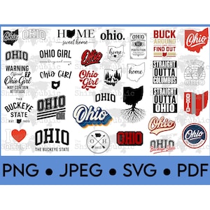 May include: A collection of Ohio-themed graphics in various styles, including text and state outlines. Designs include "Ohio Girl," "Buckeye State," and "Straight Outta Columbus." Formats: PNG, JPEG, SVG, and PDF.