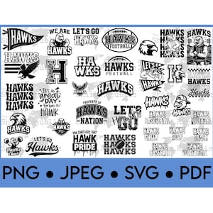 May include: A collection of black and white Hawks-themed graphics, including text and illustrations. The designs feature the word "Hawks" in various fonts and styles, along with images of eagles and footballs. Formats include PNG, JPEG, SVG, and PDF.