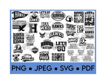 May include: A collection of black and white Hawks-themed graphics, including text and illustrations. The designs feature the word "Hawks" in various fonts and styles, along with images of eagles and footballs. Formats include PNG, JPEG, SVG, and PDF.