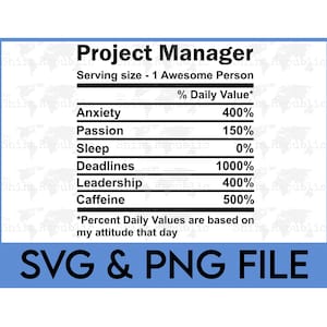 May include: A black and white graphic with the text "Project Manager" and a nutrition label listing "Anxiety", "Passion", "Sleep", "Deadlines", "Leadership", and "Caffeine" with percentages next to each item. The text at the bottom of the graphic reads "SVG & PNG FILE".