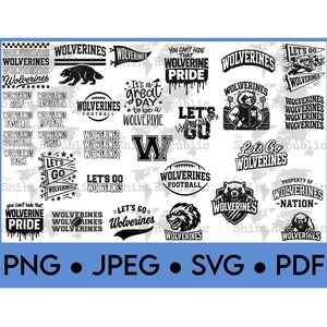 K&ouml;nnte beinhalten: Eine Sammlung von schwarz-wei&szlig;en Grafiken zum Thema Wolverine, darunter Text und Illustrationen eines Wolverines. Die Designs enthalten S&auml;tze wie "Wolverine Pride" und "Let's Go Wolverines". Am unteren Rand des Bildes werden Dateitypoptionen angezeigt: PNG, JPEG, SVG und PDF.