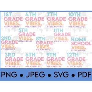 May include: A rectangular graphic with a blue border features the words "1st Grade Vibes" through "12th Grade Vibes" in various colors. The bottom of the graphic lists file types: PNG, JPEG, SVG, and PDF.