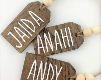 Stocking Tag, Gift Name, Beaded Name, Wooden Name, Custom Personalized, Christmas Tag, Handmade Gift Tag, Birthday Tag, Laser Cut Ornament