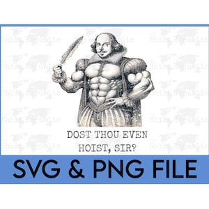Op de afbeelding: Een zwart-witte illustratie van een gespierde man met een ganzenveer in zijn hand. De man draagt een kraag en een tuniek. De tekst onder de afbeelding luidt "Dost thou even hoist, sir?" en "SVG & PNG FILE".