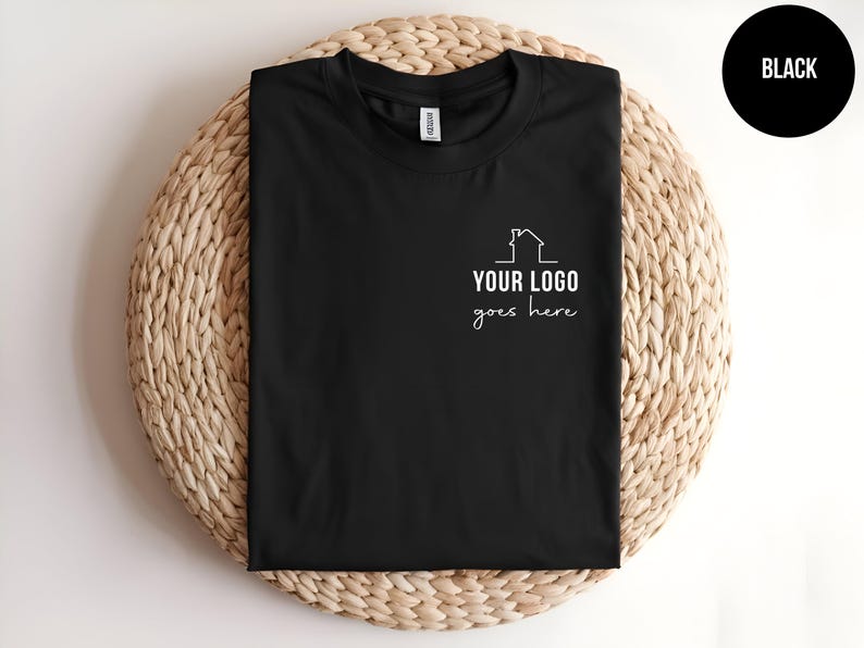 May include: Black t-shirt with a white outline of a house and the text "YOUR LOGO goes here".