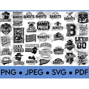 May include: A selection of black and white "Bandits" logos and graphics. The designs feature cowboy hats, sports equipment, and text including "Pride", "Let's Go", and "Nation". File formats PNG, JPEG, SVG, and PDF are listed.