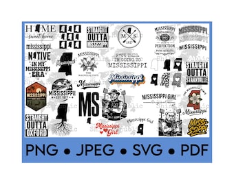 May include: A collection of Mississippi-themed graphics and text designs in black and white, including state outlines, slogans, and illustrations. The image also includes file type options: PNG, JPEG, SVG, and PDF.