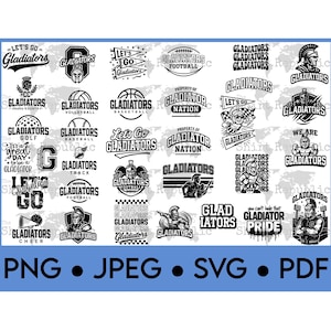 Könnte beinhalten: Eine Sammlung von Logos und Grafiken zum Thema Gladiatoren in Schwarz und Weiß. Die Designs enthalten Texte wie "Let's Go Gladiators" und Bilder von Gladiatoren, Helmen und Sportgeräten. Dateiformate sind unten aufgeführt.