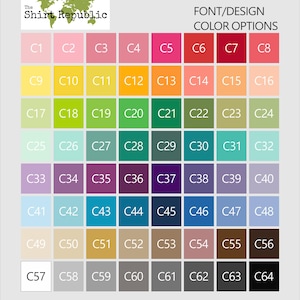 Puede incluir: Una tabla de 64 muestras de color etiquetadas de C1 a C64. La tabla es para opciones de color de fuente y dise&ntilde;o.